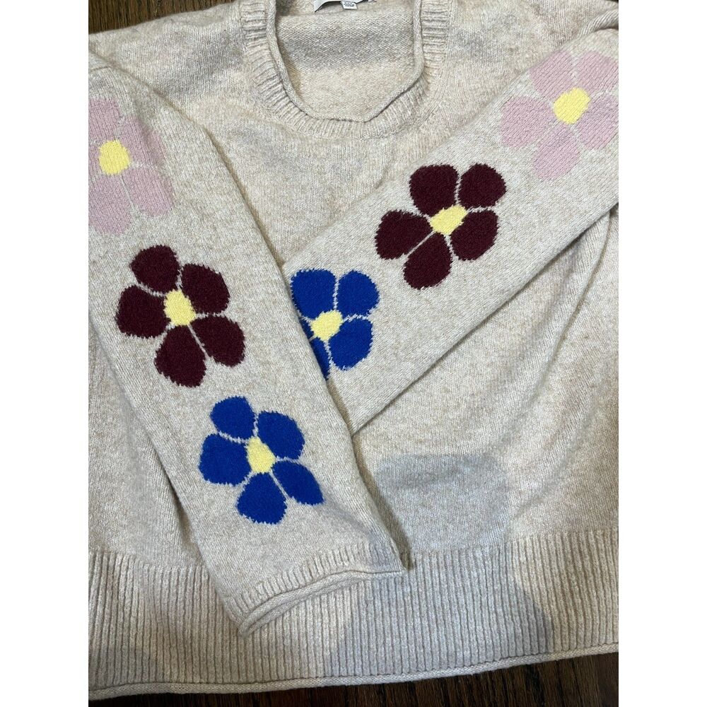 Madewell Belmore Floral Sleeve Sweater XXS Heather Sand Merino Wool MC087